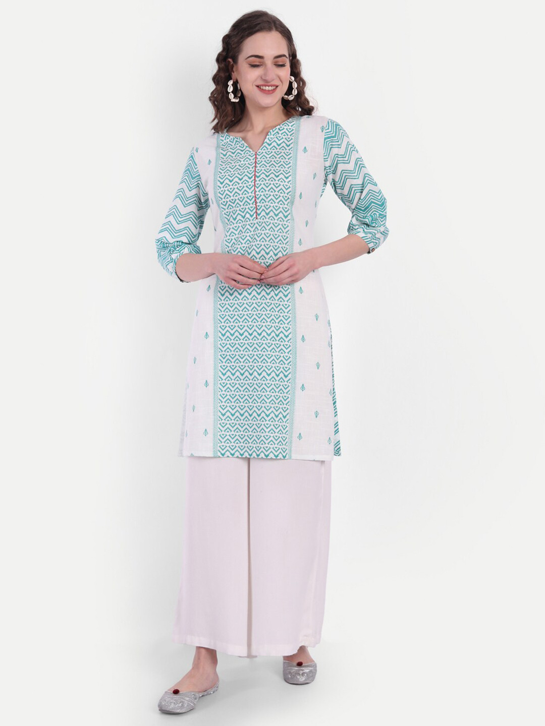 SUTI Green & White Geometric Printed Pure Cotton Kurti