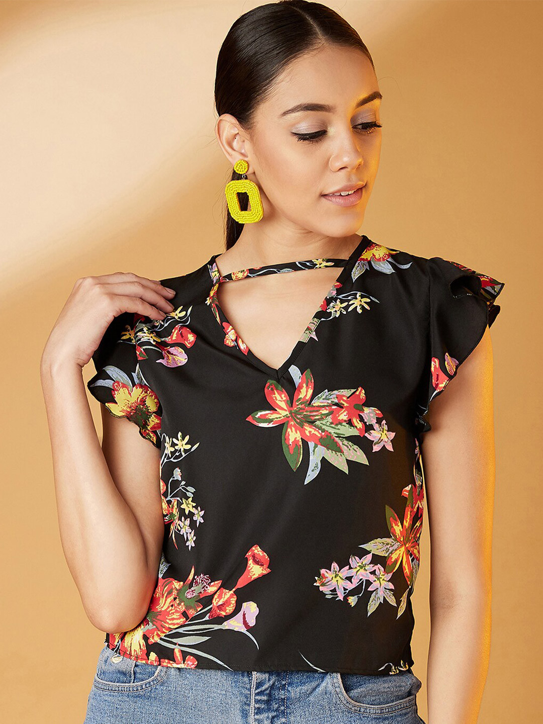 CHIMPAAANZEE Black Floral Print V-Neck Top