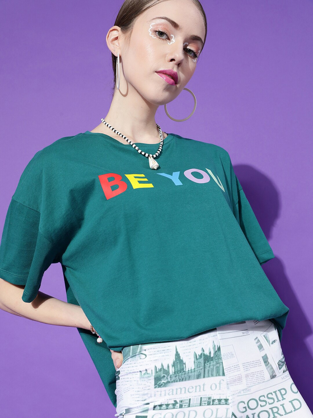 STREET 9 Women Green Typography Drop-Shoulder Pure Cotton Oversized T-shirt