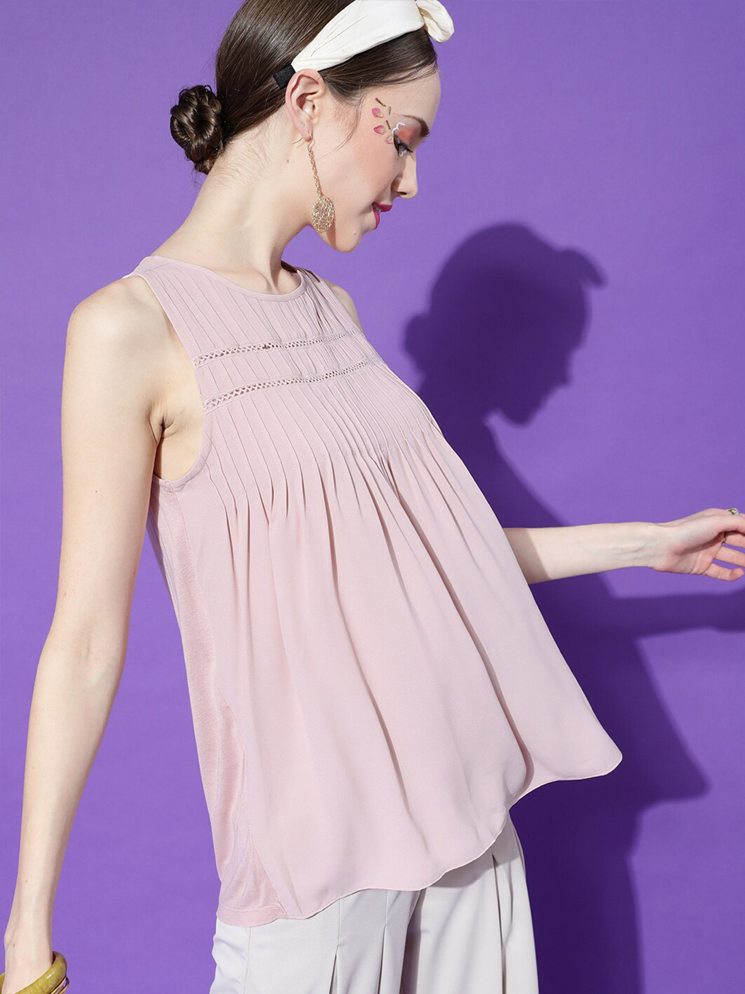 STREET 9 Pink Lace Inserts Gathered & Pleated Crepe Top