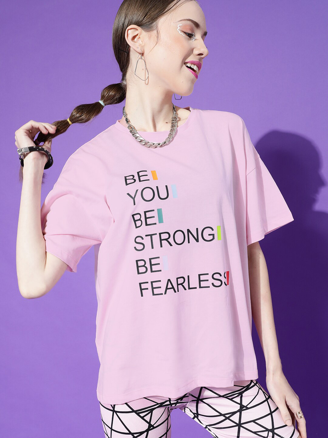 STREET 9 Women Pink Typography Printed Drop-Shoulder Pure Cotton  Oversized T-shirt