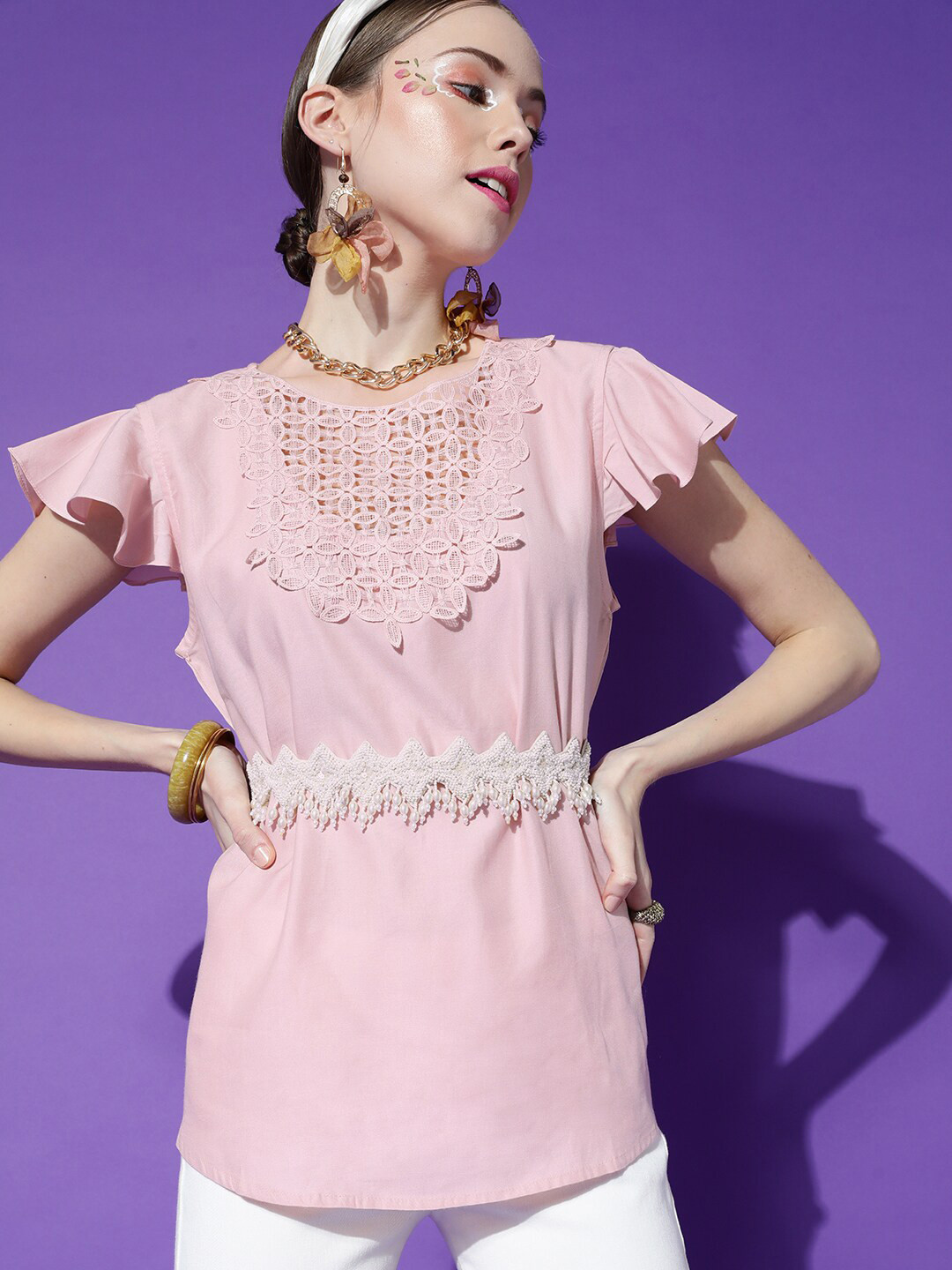 STREET 9 Pink Lace Inserted Flared Sleeves Top