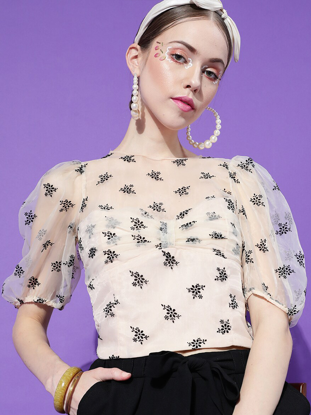STREET 9 Beige Floral Printed Net Top