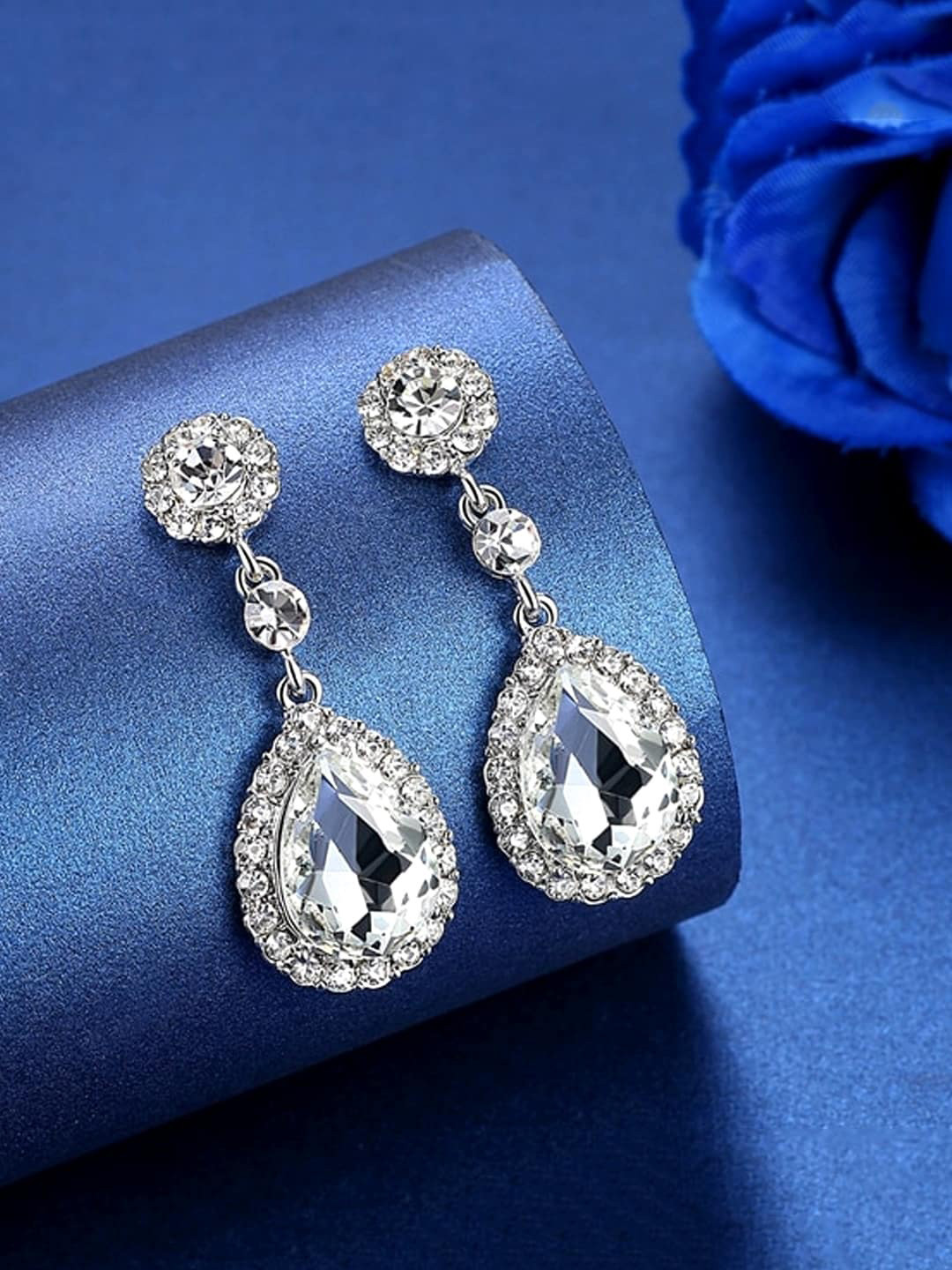Yellow Chimes Silver-Toned Contemporary Stone Studded Drop Earrings