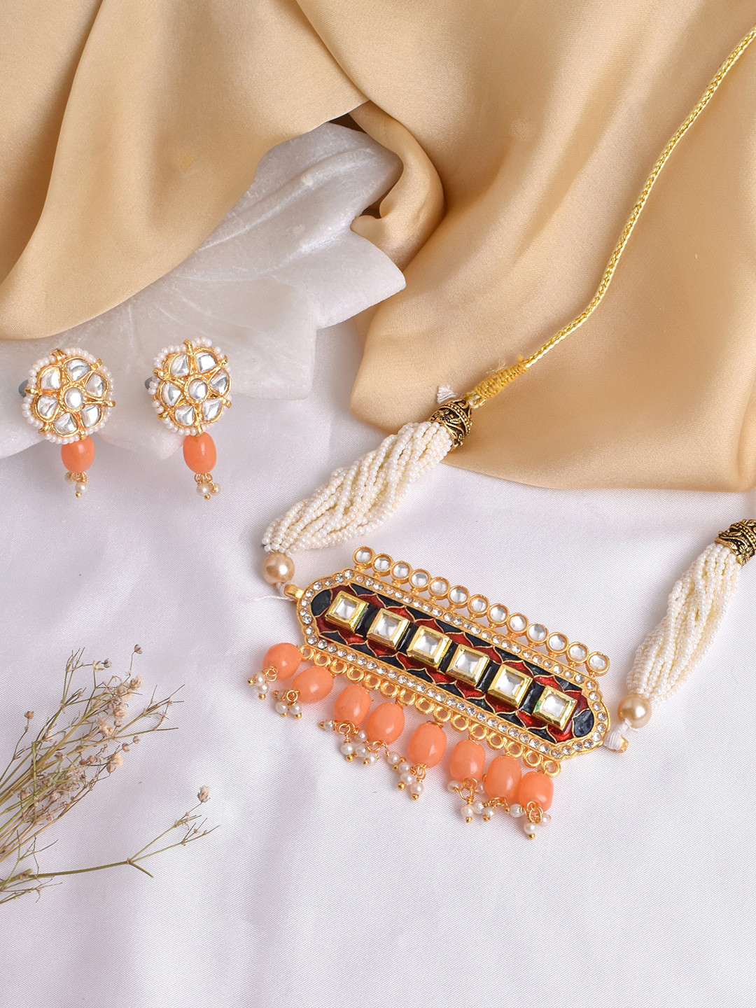 TEEJH Gold-Plated & White Stone-Studded & Pearl Beaded Jewellery Set