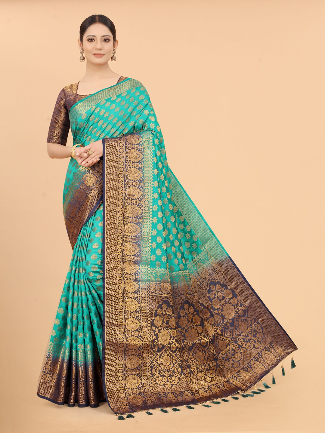 FINE WEAR Turquoise Blue & Gold-Toned Woven Design Zari Silk Cotton Banarasi Saree