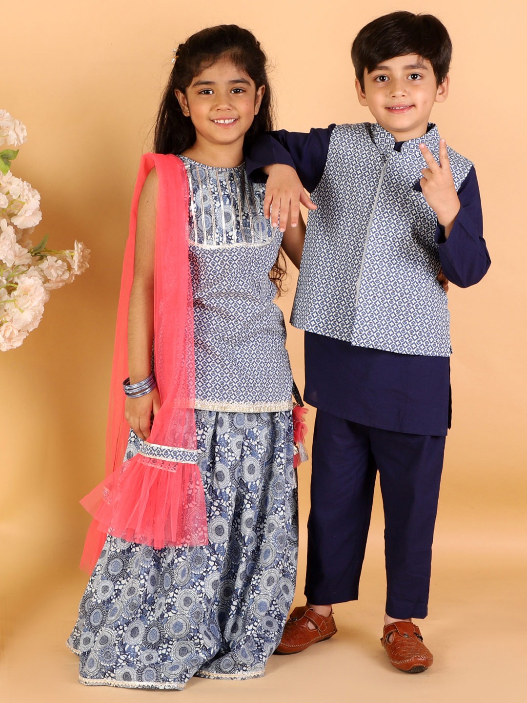 LIL DRAMA Boys Navy Blue Floral Pure Cotton Kurta With Pyjamas