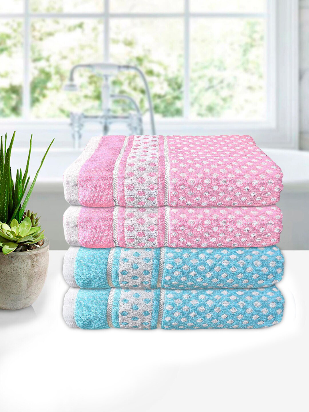 Kuber Industries Set Of 4 Pink & Blue Dot Printed Bath Towels