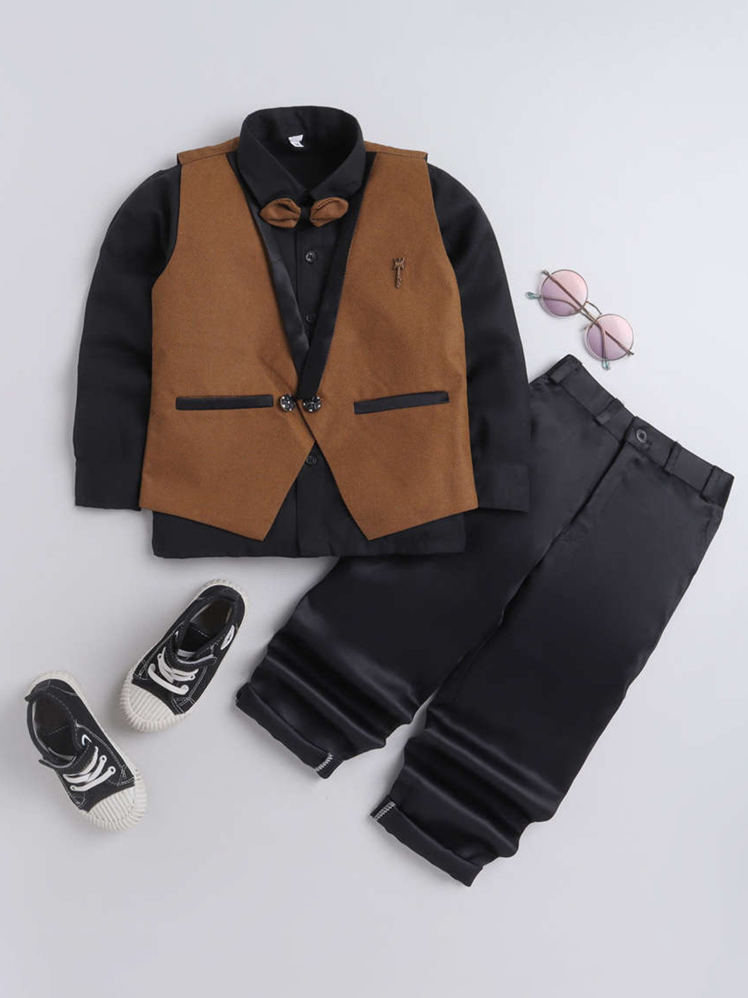DKGF FASHION Boys Brown & Black Solid Cotton Blend Shirt with Trousers Clothing Set