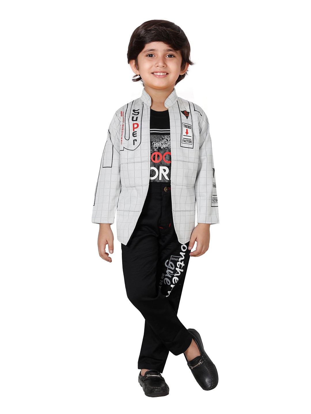 DKGF FASHION Boys Grey & Black Printed Shirt with Trousers
