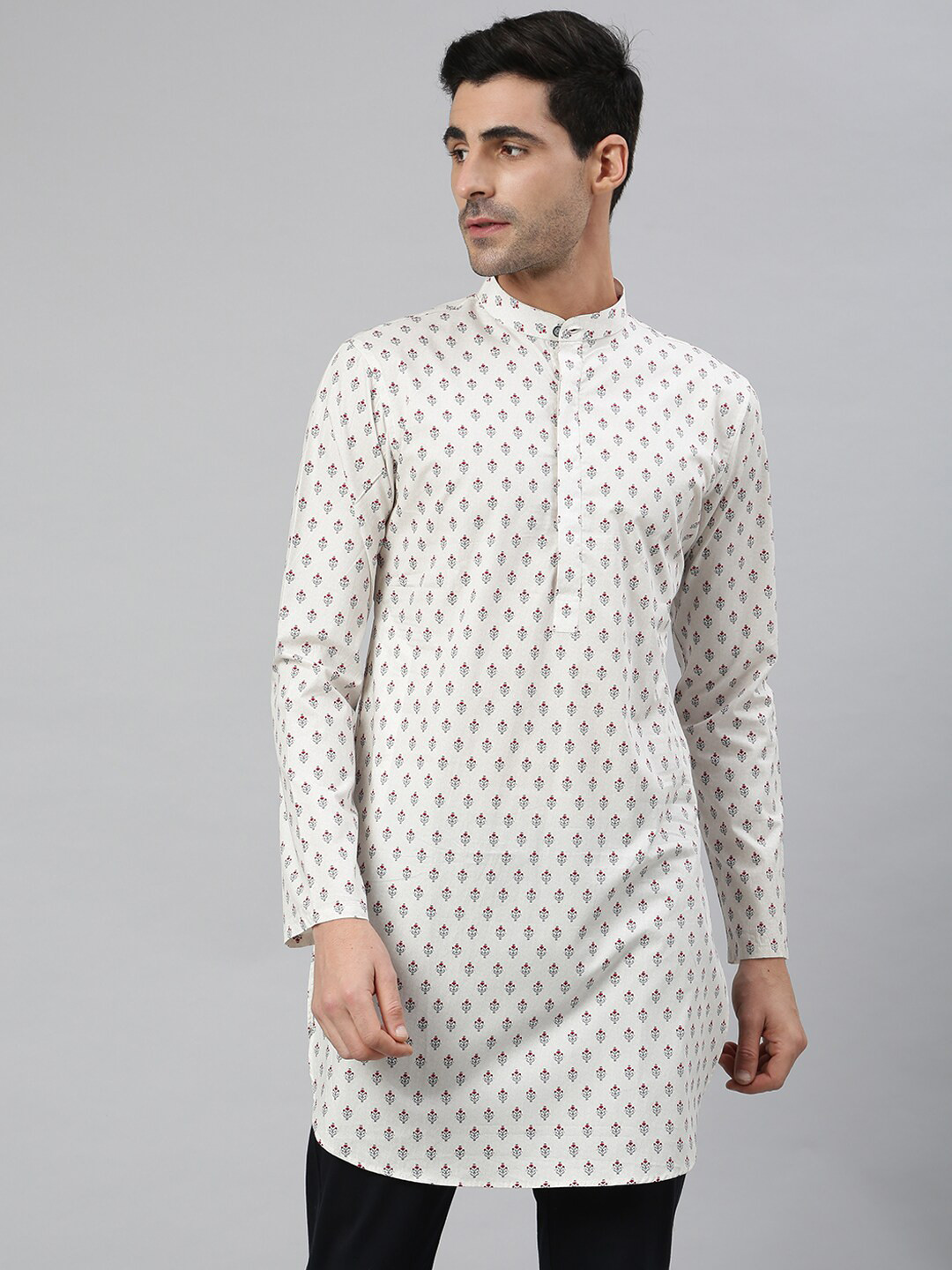 MR BUTTON Men White & Red Ethnic Motifs Printed Straight Kurta