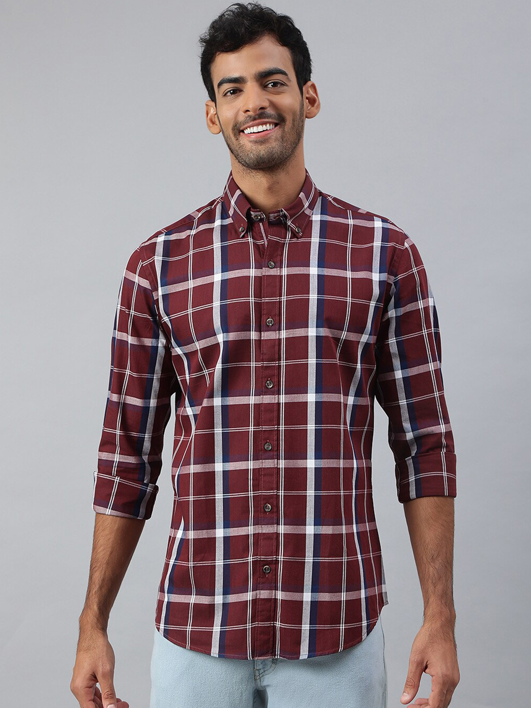MR BUTTON Men Maroon Slim Fit Tartan Checks Checked Cotton Casual Shirt