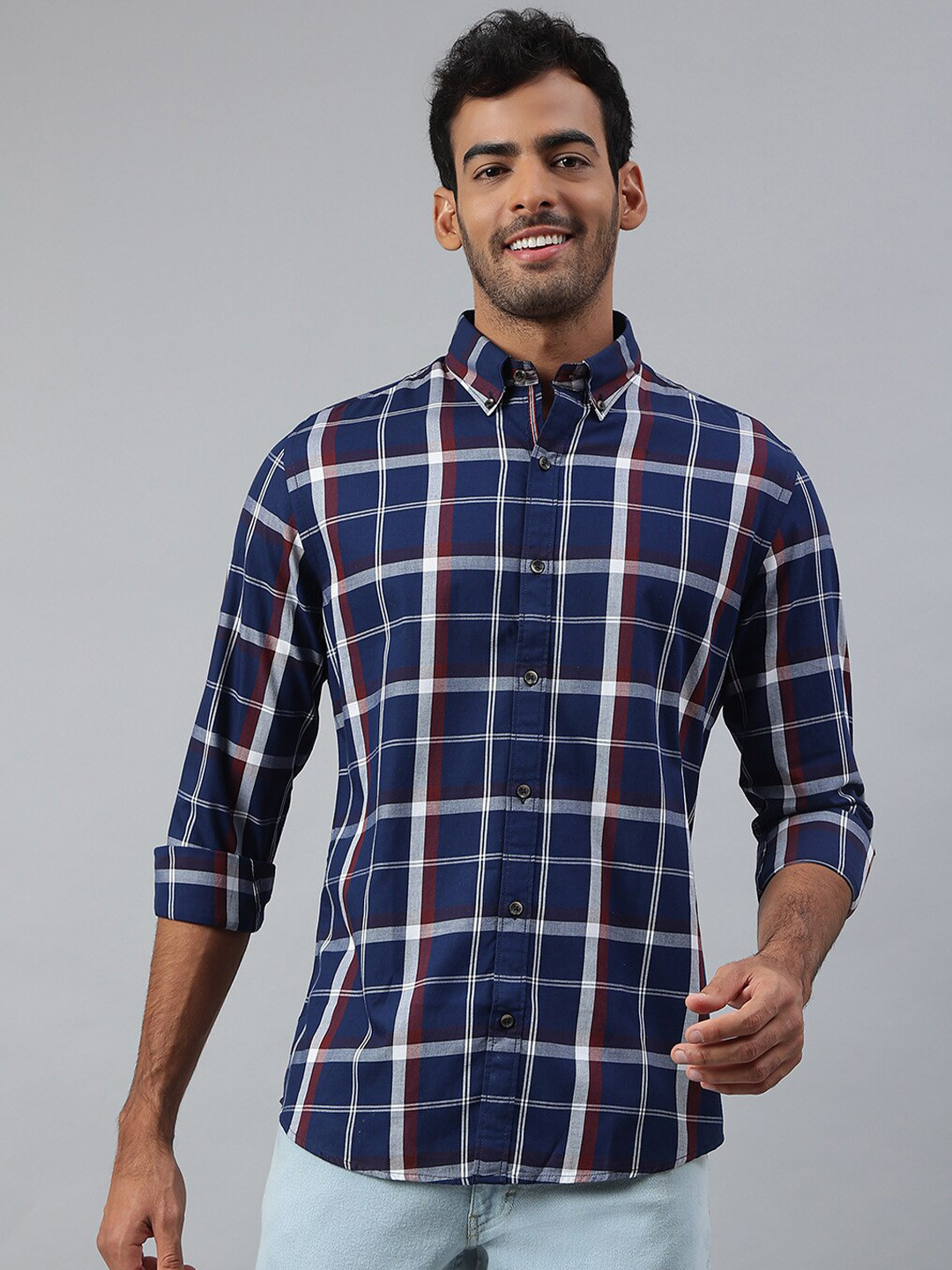 MR BUTTON Men Navy Blue Slim Fit Tartan Checks Checked Cotton Casual Shirt
