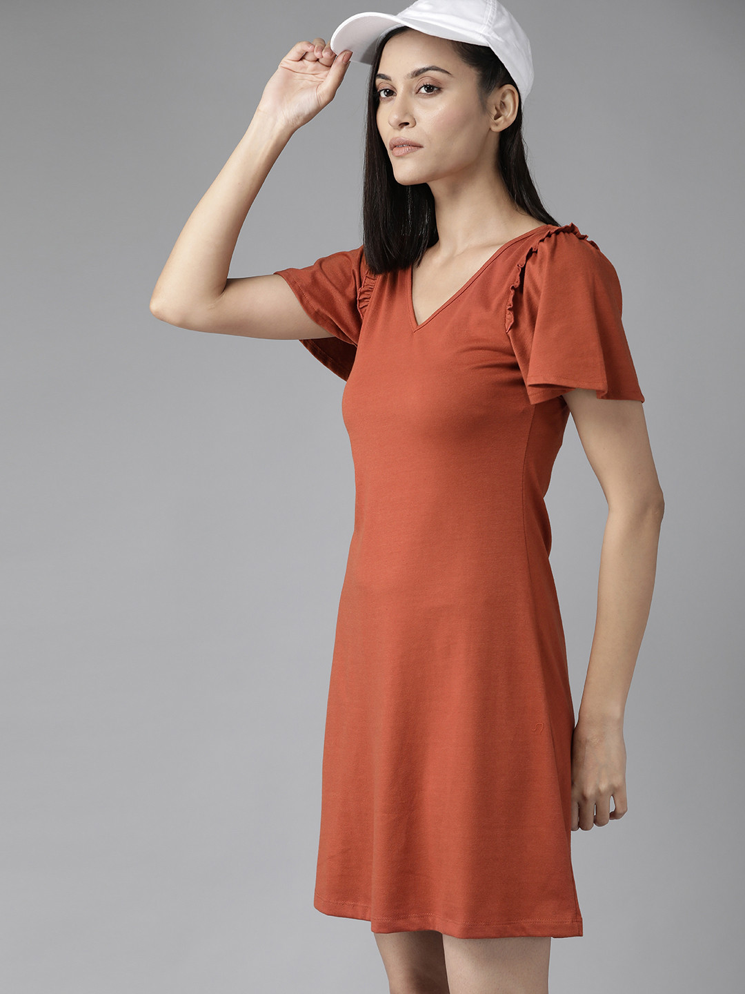 Roadster Rust Brown Solid Ruffle A-Line Dress