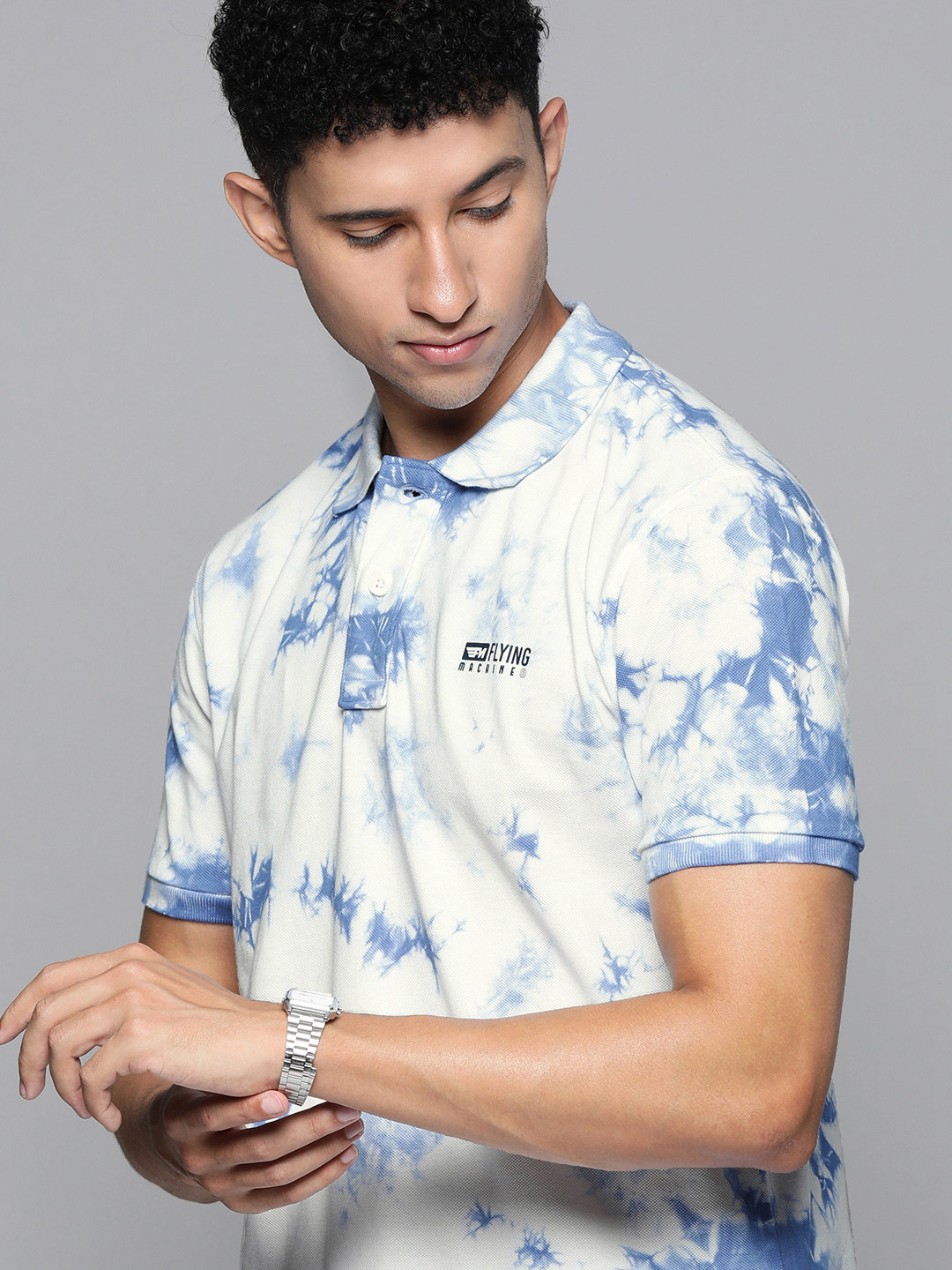 Flying Machine Men Blue & White Tie and Dye Dyed Polo Collar Slim Fit Pure Cotton T-shirt