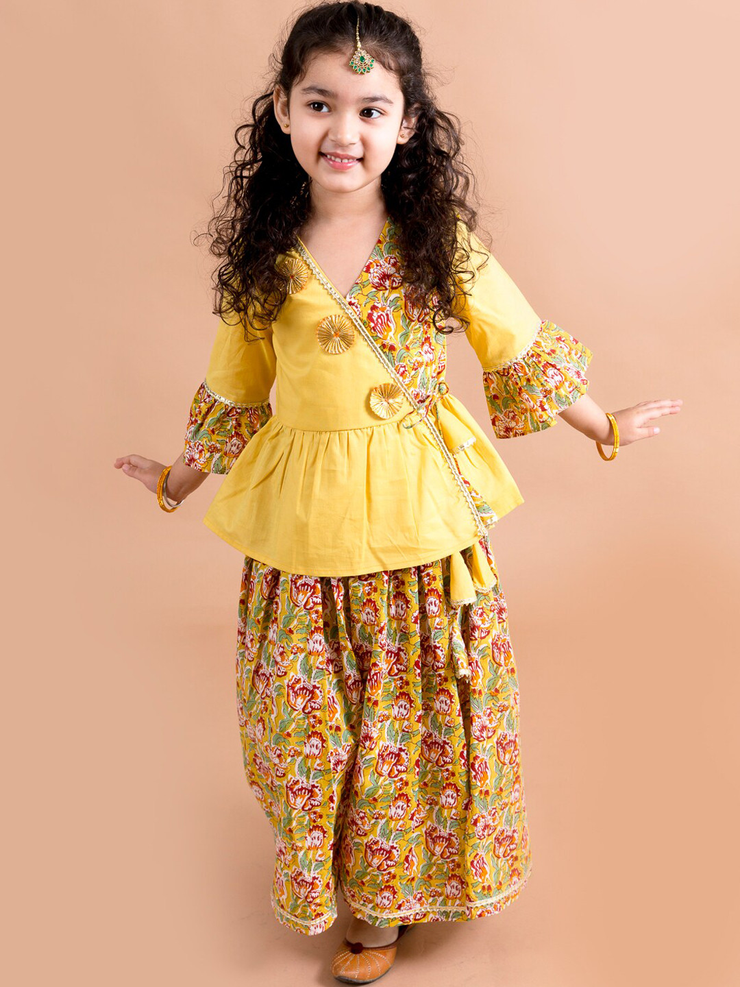 pspeaches Girls Mustard Yellow Floral Printed Angrakha Pure Cotton Kurti With Palazzos
