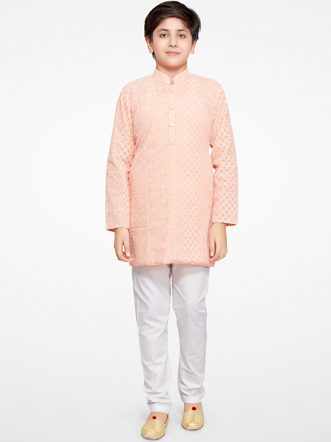 Jeetethnics Boys Peach-Coloured & White Embroidered Chikankari Kurta with Pyjamas