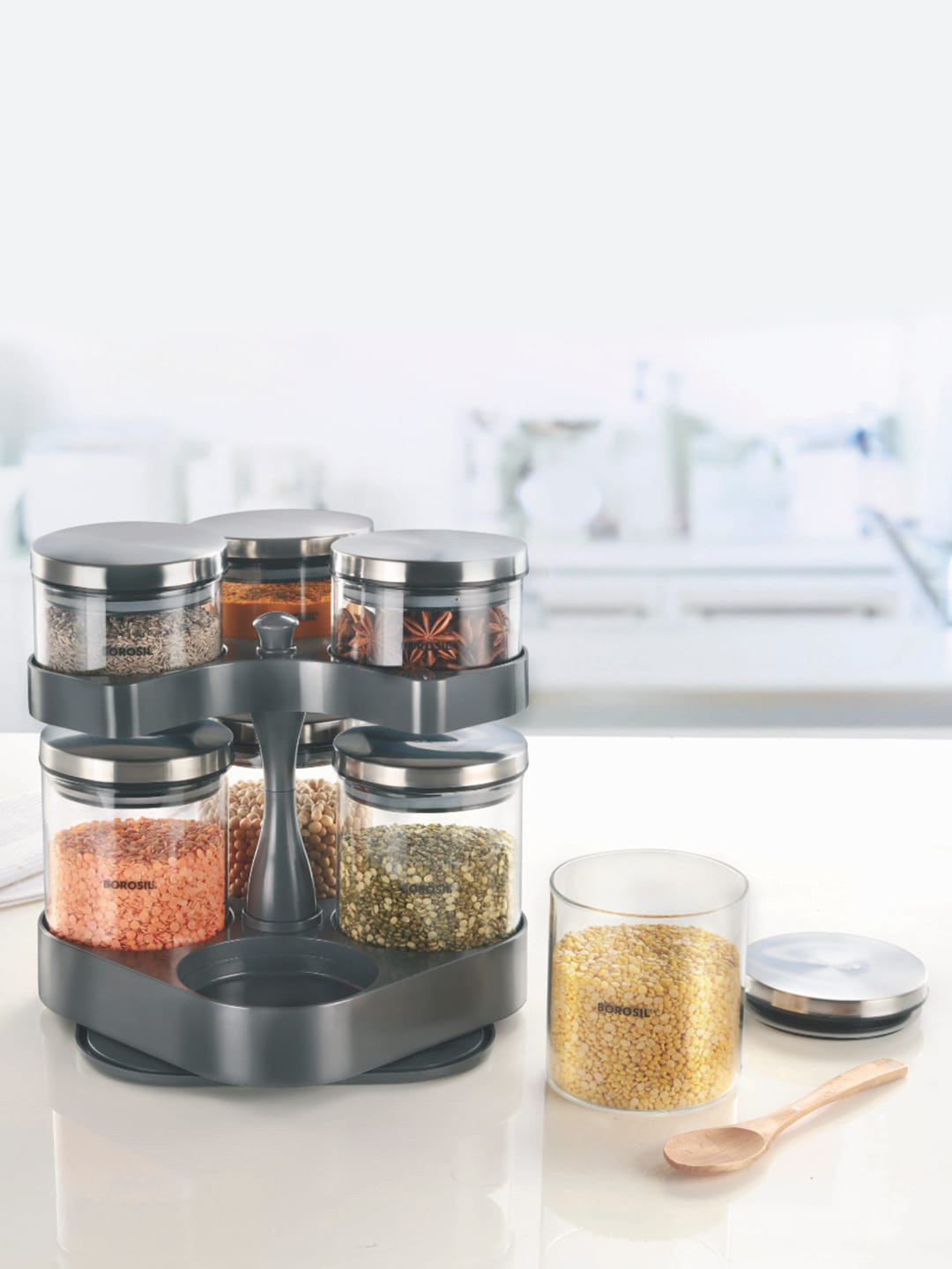 BOROSIL Set Of 7 Transparent & Grey Borosilicate Glass Classic Jar Containers With Rotating Tray