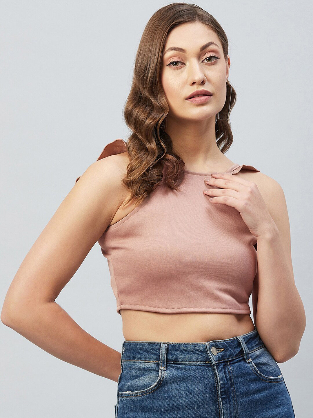 CHIMPAAANZEE Women Dusty Pink Solid Crop Top