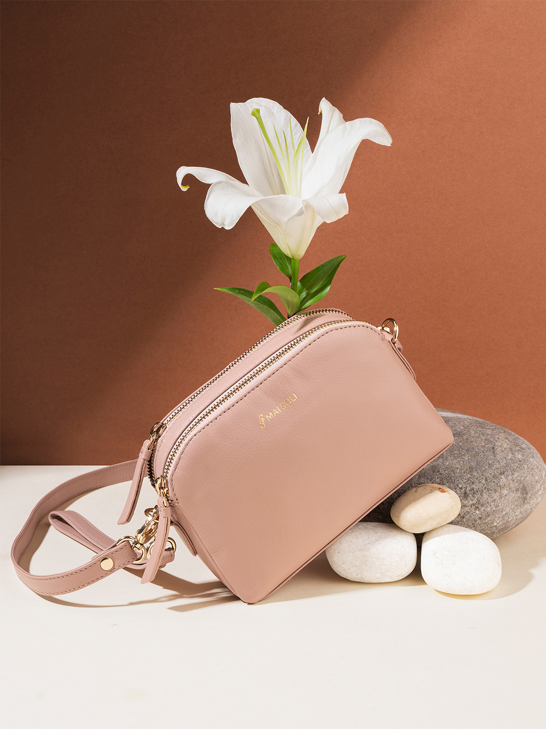 MAI SOLI Women Nude-Pink Solid Genuine Leather Double Zip Emma Mini Sling Bag