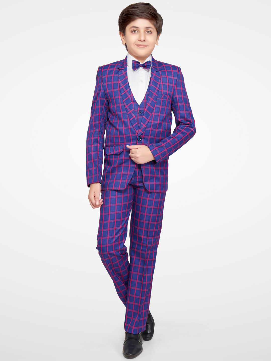 Jeetethnics Boys Navy Blue & Red Checked Party Suits