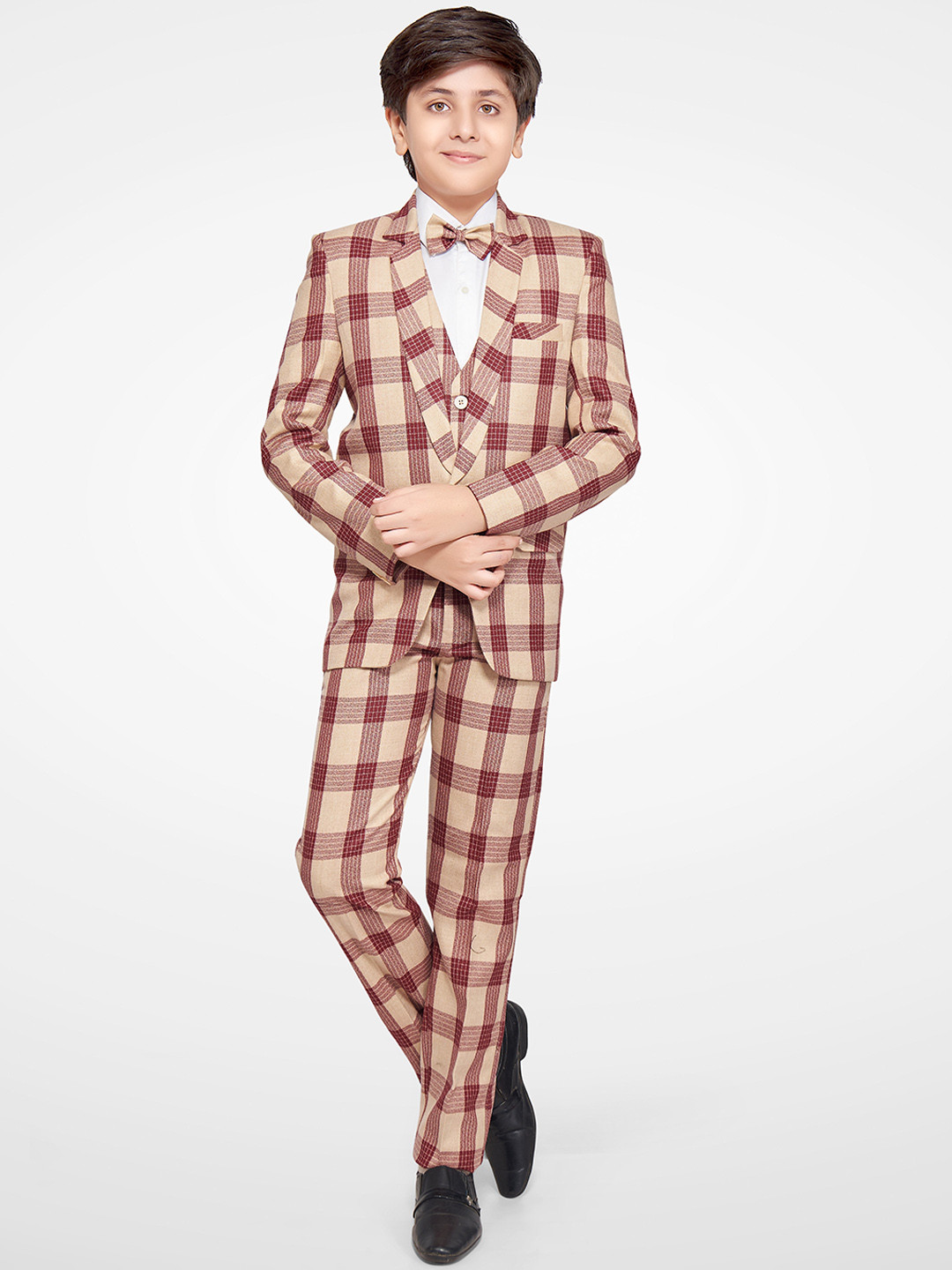 Jeetethnics Boys Beige & Brown Checked 5-Piece Single-Breasted Suit