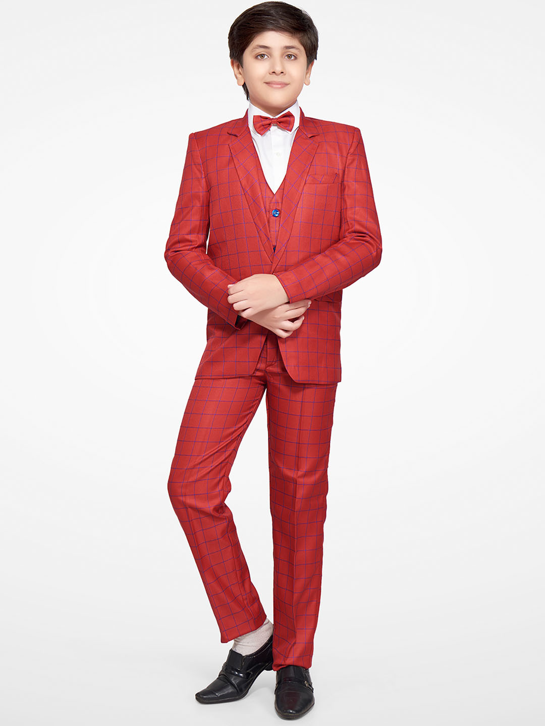 Jeetethnics Boys Red Checked 4-Piece Single-Breasted Partywear Suit