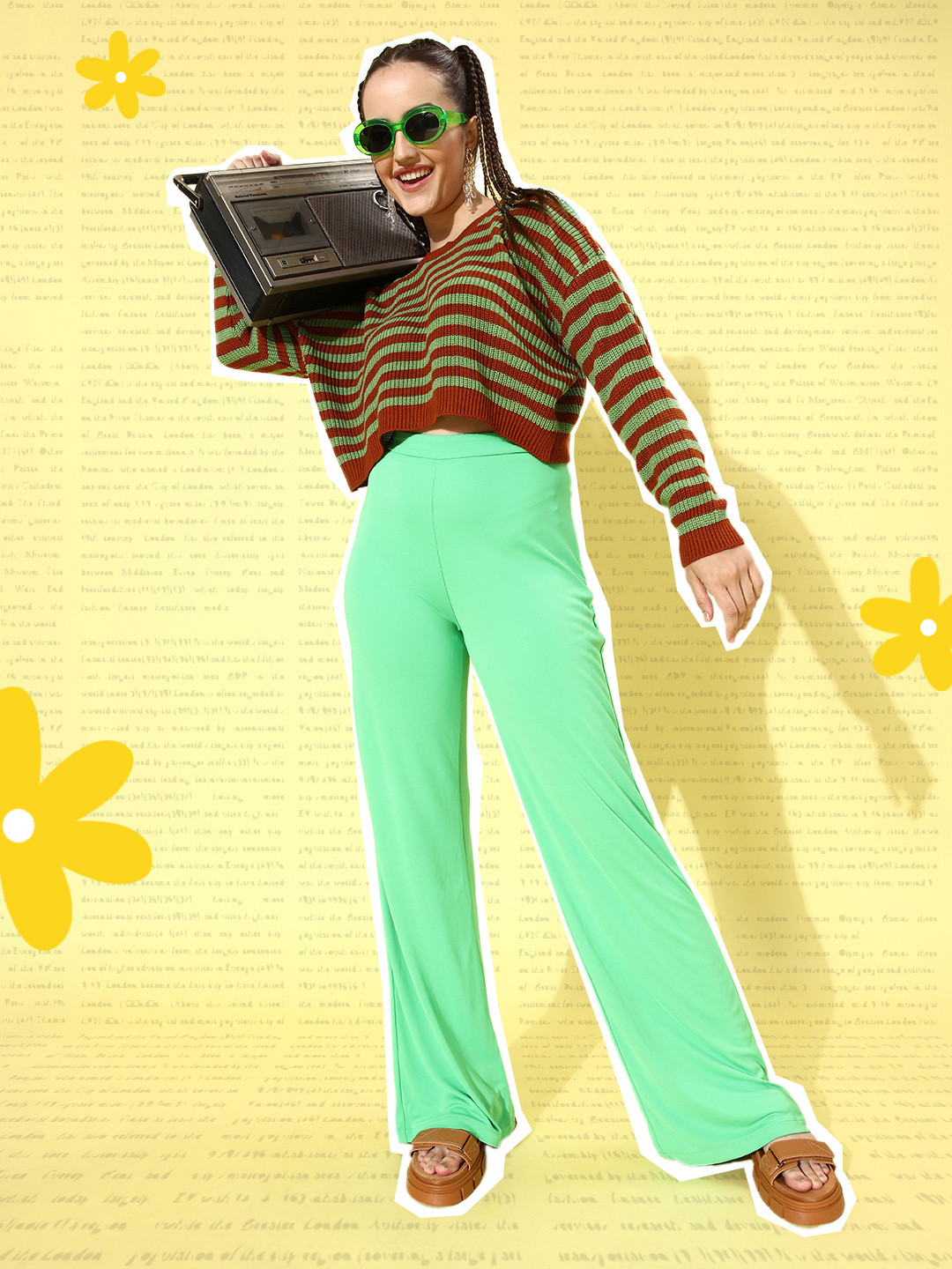 DressBerry Women Green & Rust Striped Cropped Round Neck Pullover