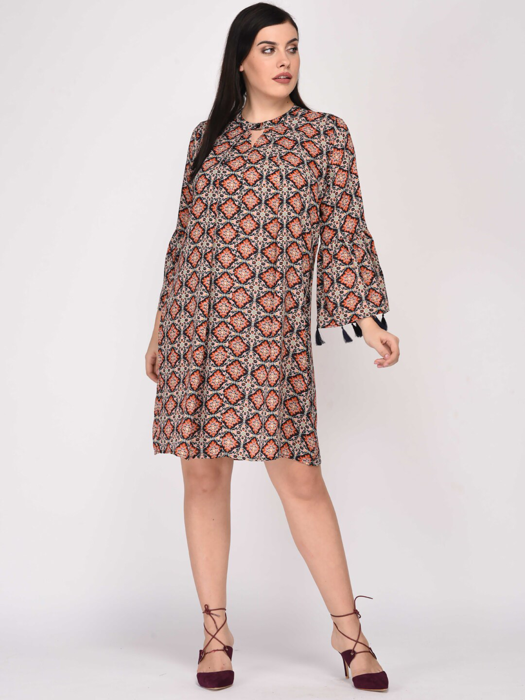 LastInch Multicoloured Ethnic Motifs Keyhole Neck Georgette A-Line Dress