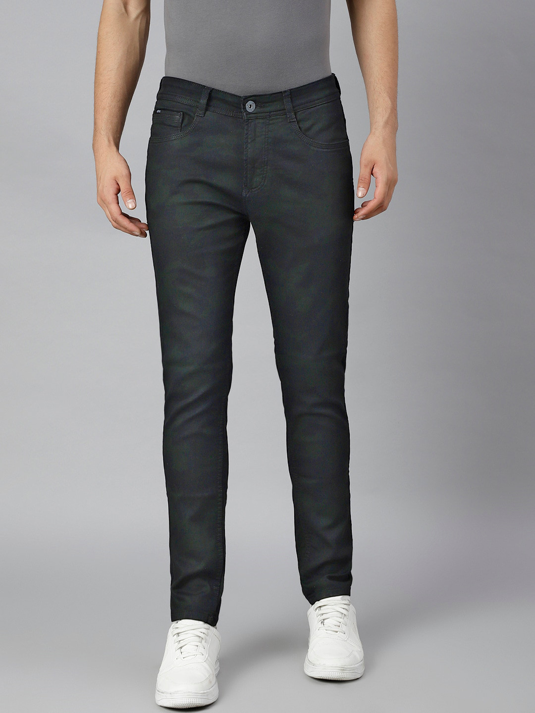Code 61 Men Charcoal Skinny Fit Low-Rise Low Distress Light Fade Printed Stretchable Jeans