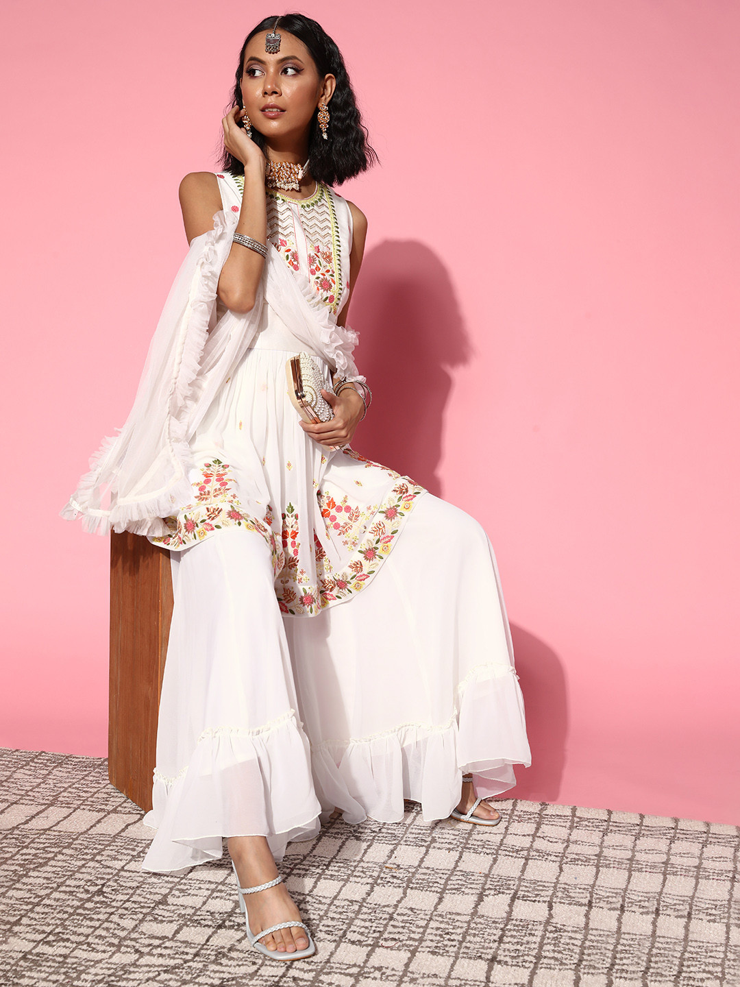 Inddus Women Ethnic Motifs Poly-Georgette Ethereal Embroidery Kurta Set
