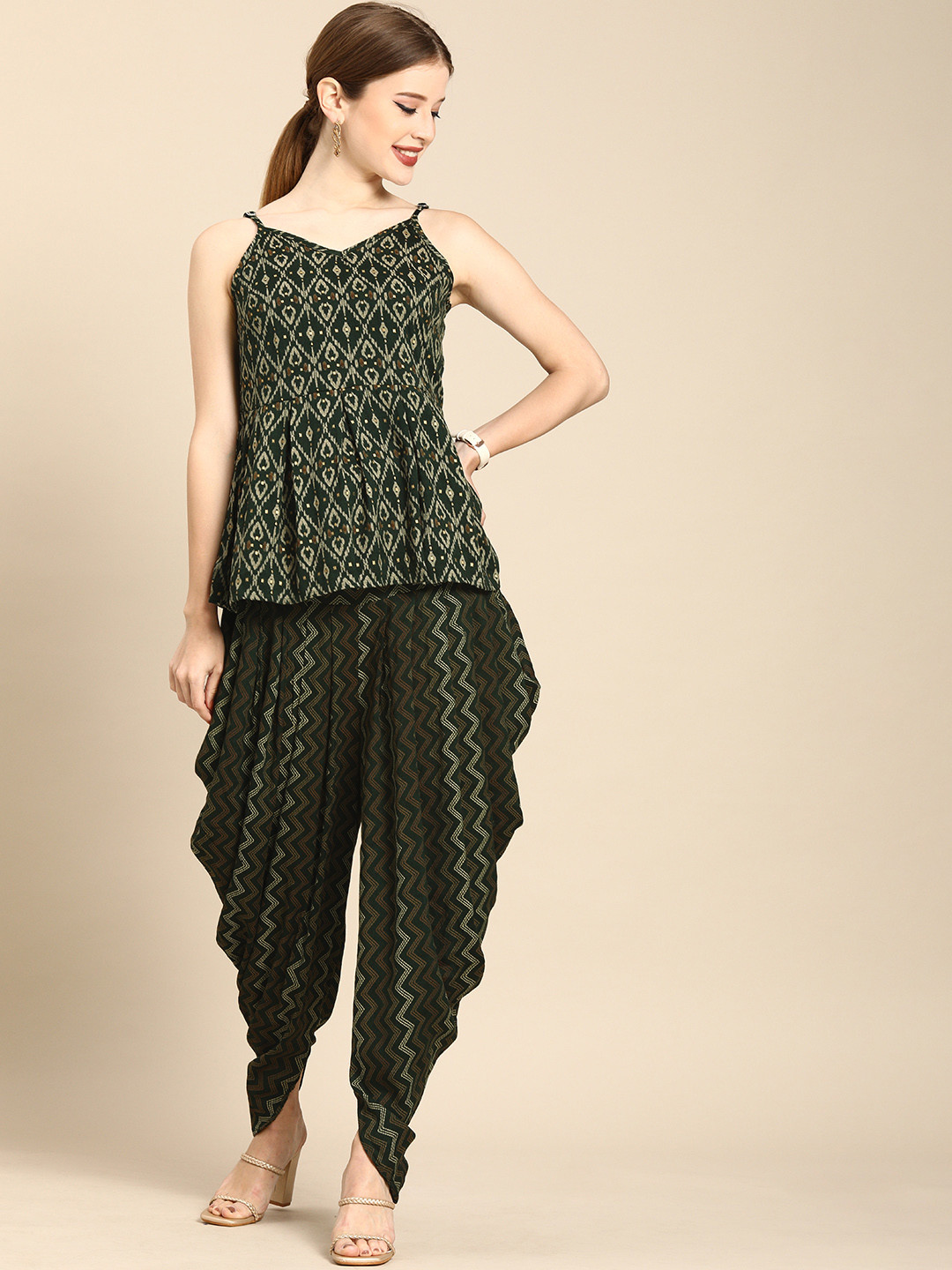 Anouk Women Olive Green Ethnic Motifs Printed Empire Kurti with Dhoti Pants
