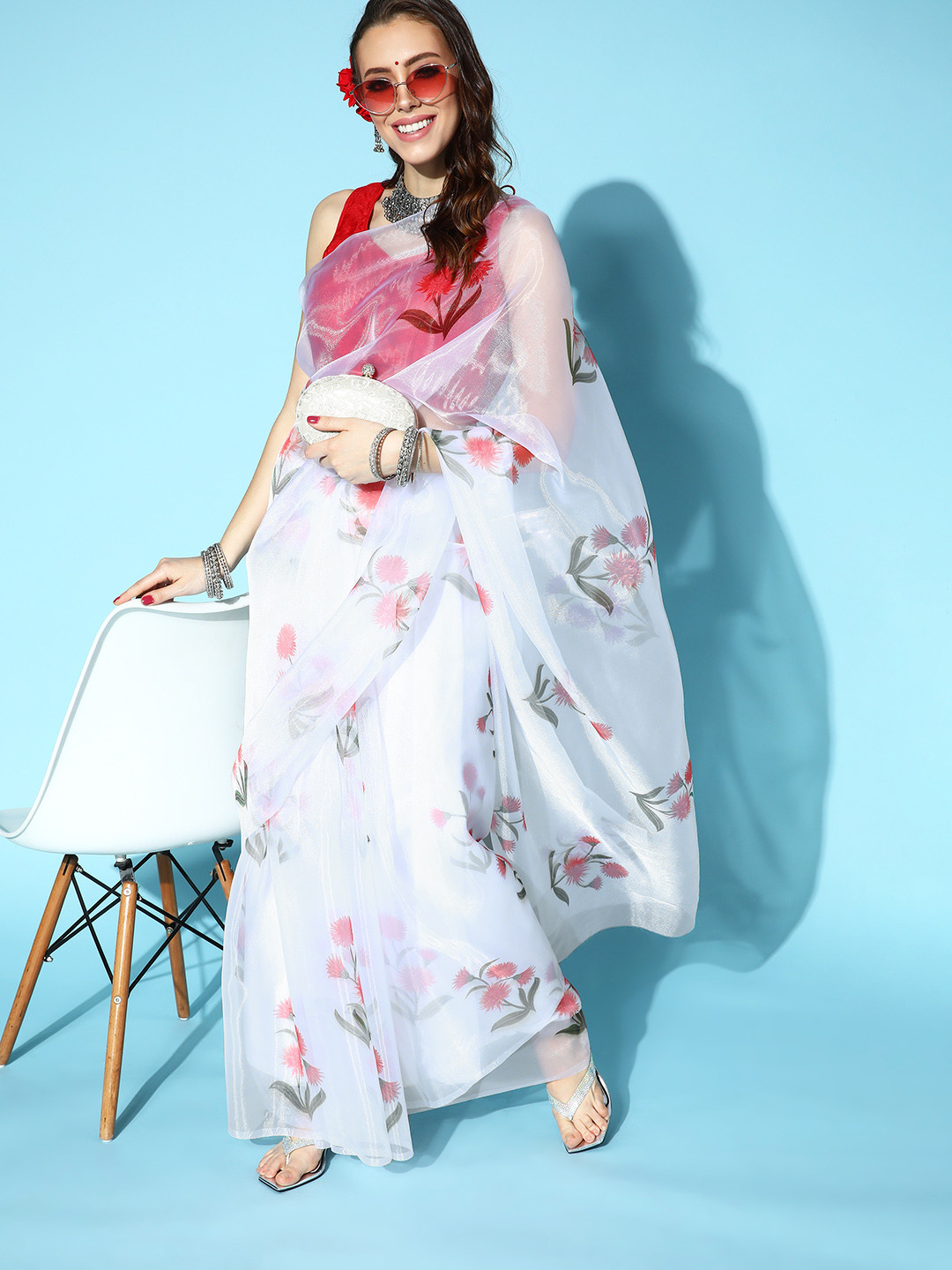 Mitera Off White & Red Floral Organza Saree