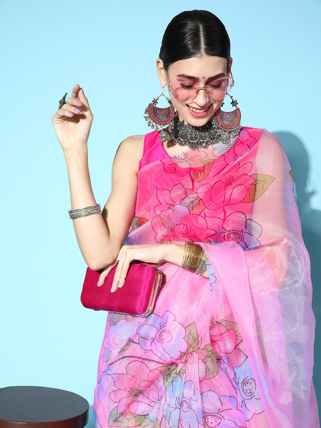 Mitera Pink & Blue Floral Organza Saree