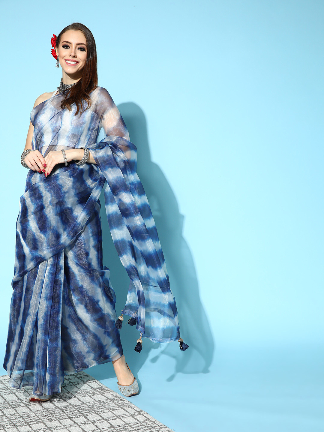 Mitera Navy Blue & Off White Striped Organza Saree