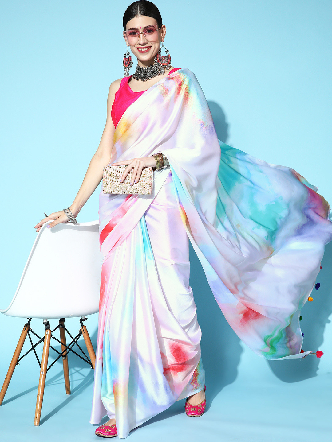 Mitera White & Blue Printed Satin Saree