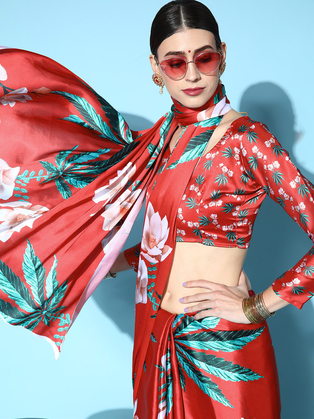 Mitera Red & Green Floral Satin Saree