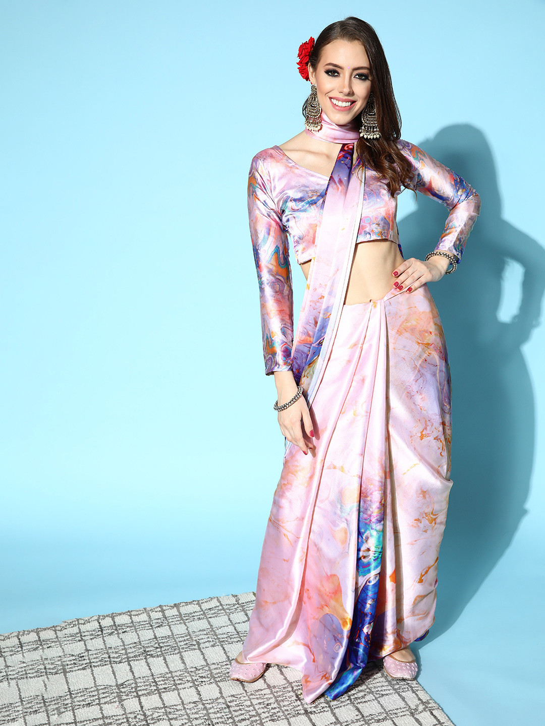 Mitera Pink & Blue Tie and Dye Satin Saree
