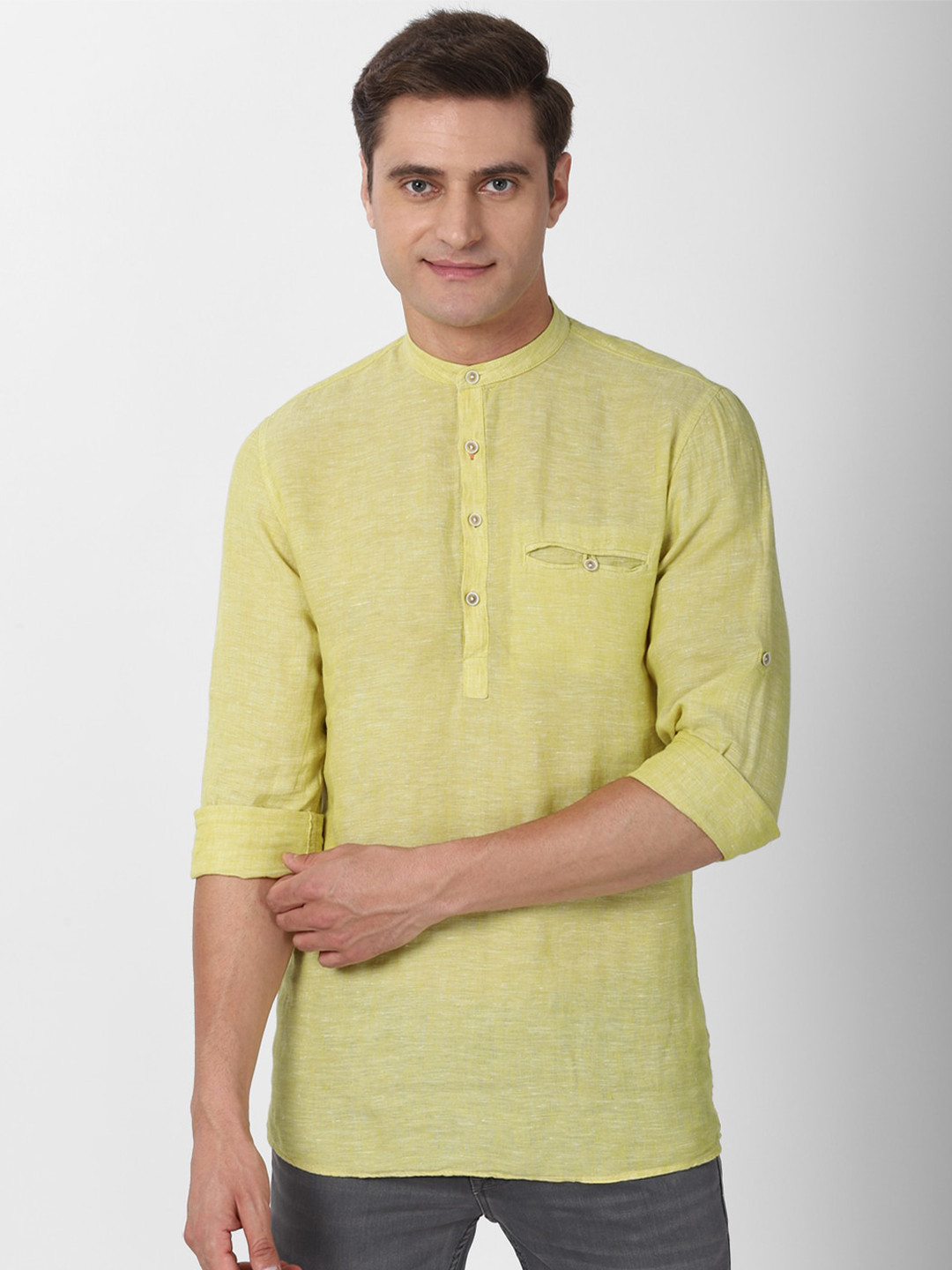Peter England Casuals Men Yellow Solid Slim Fit Kurta Style Shirt