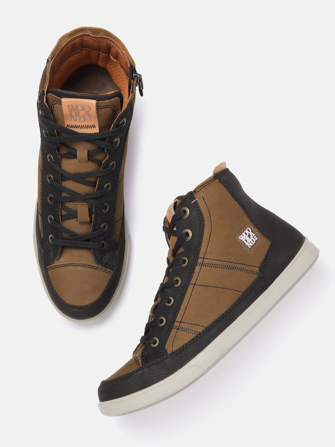 Woodland Men Mid-Top Colourblocked Leather Sneakers with Lace-Up Detail