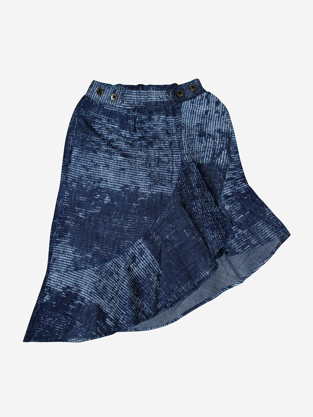KiddoPanti Girls Blue Solid Denim Asymmetrical Ruffle Denim Skirt