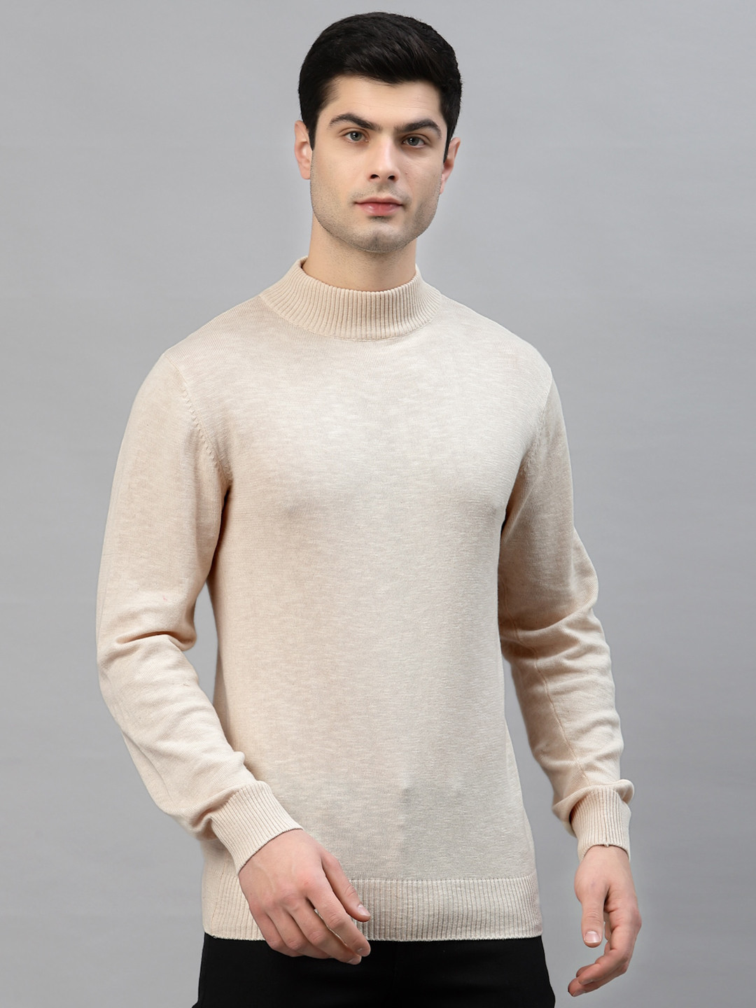 Style Quotient Men Cream-Coloured Solid Sweaters