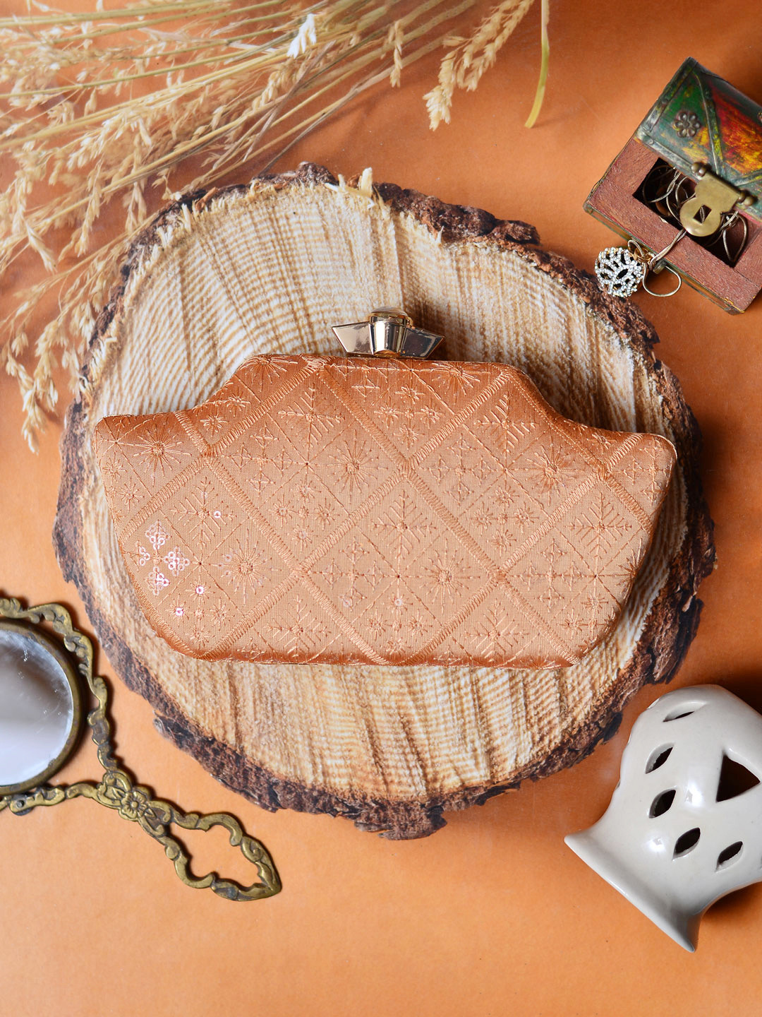 ARTKLIM Orange Embroidered Box Clutch