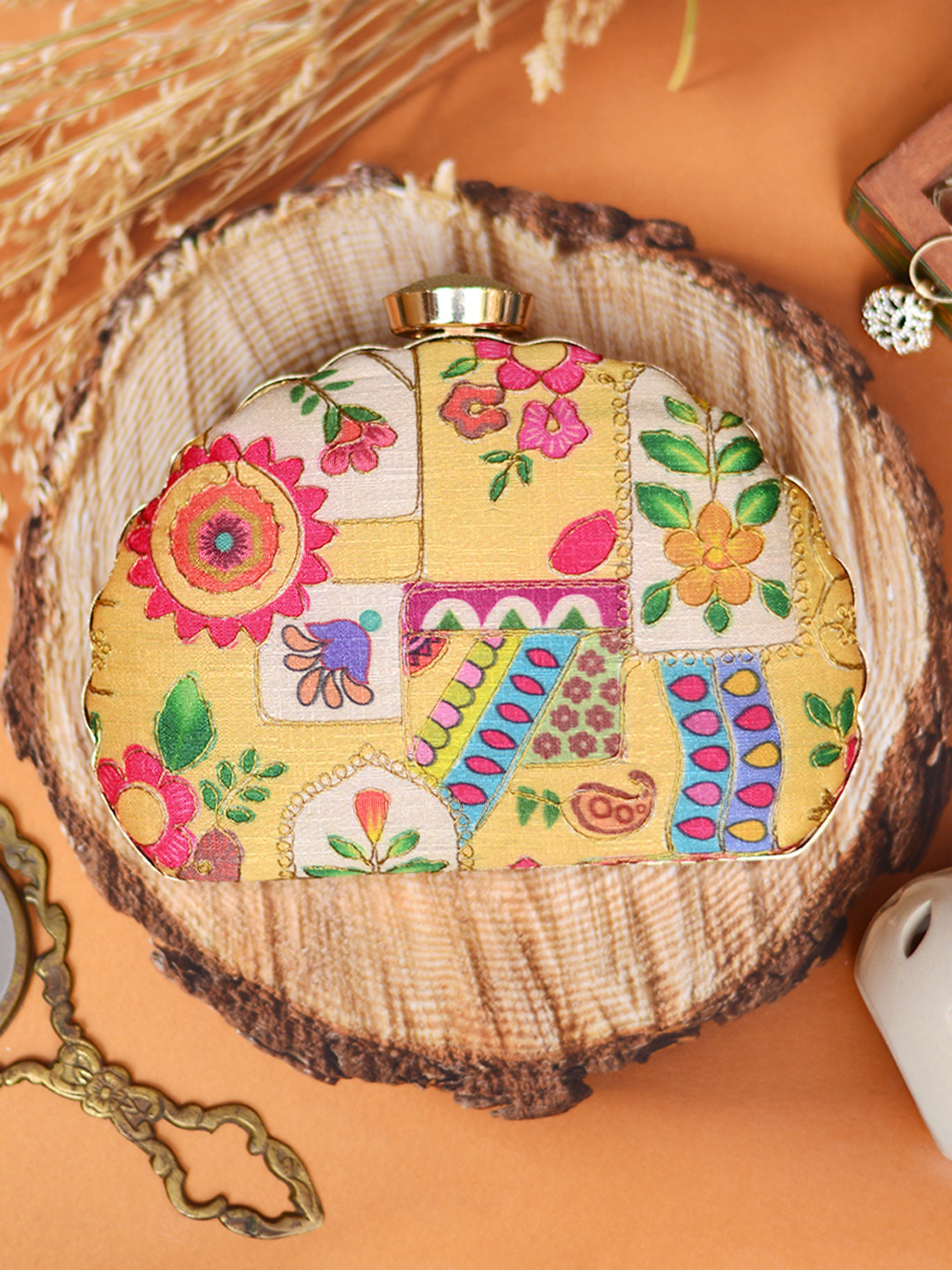 ARTKLIM Yellow & Fuchsia Embroidered Box Clutch