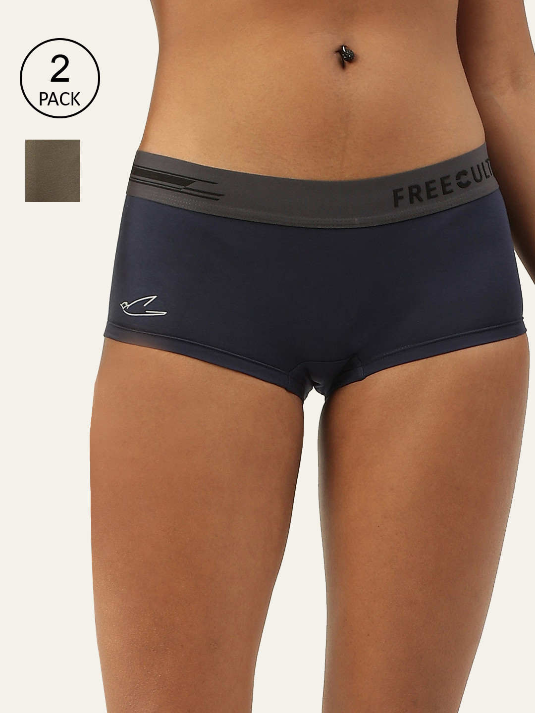 FREECULTR Women Pack of 2 Blue & Green Anti Bacterial Micro Modal Boxer Briefs