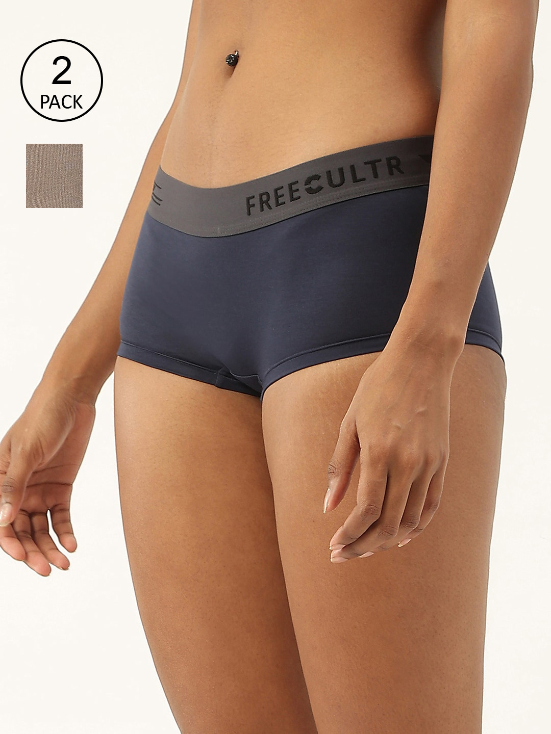 FREECULTR Women Pack of 2 Grey Solid LowRise Anti Bacterial Micro Modal Boxer Briefs