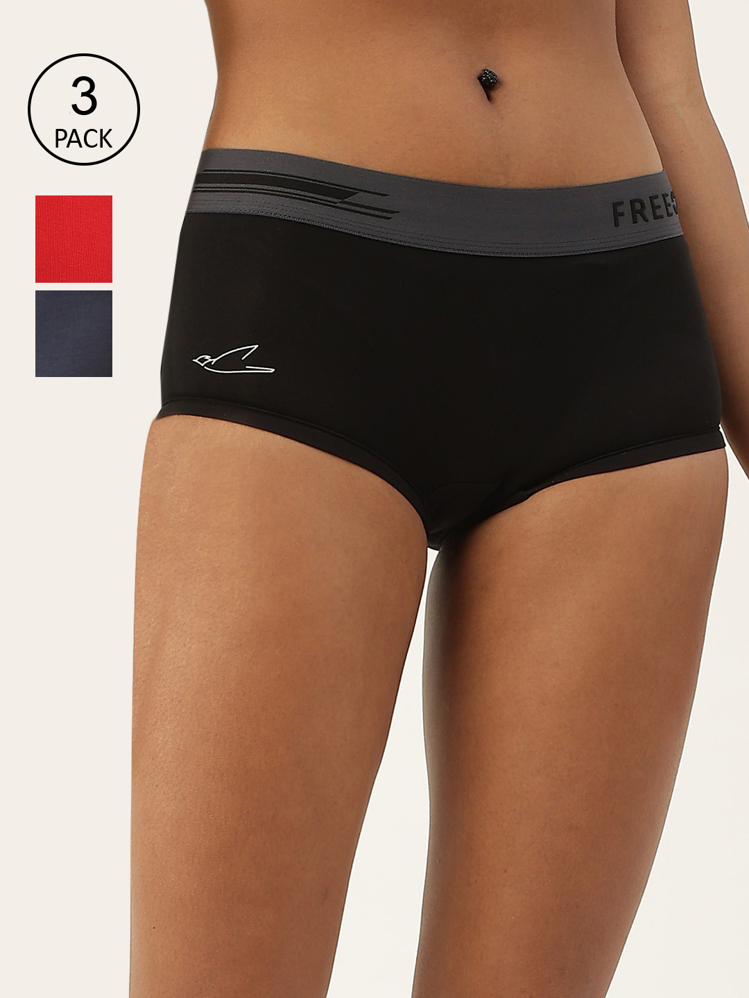 FREECULTR Women Pack of 3 Black & Blue Anti Bacterial Micro Modal Boxer Briefs