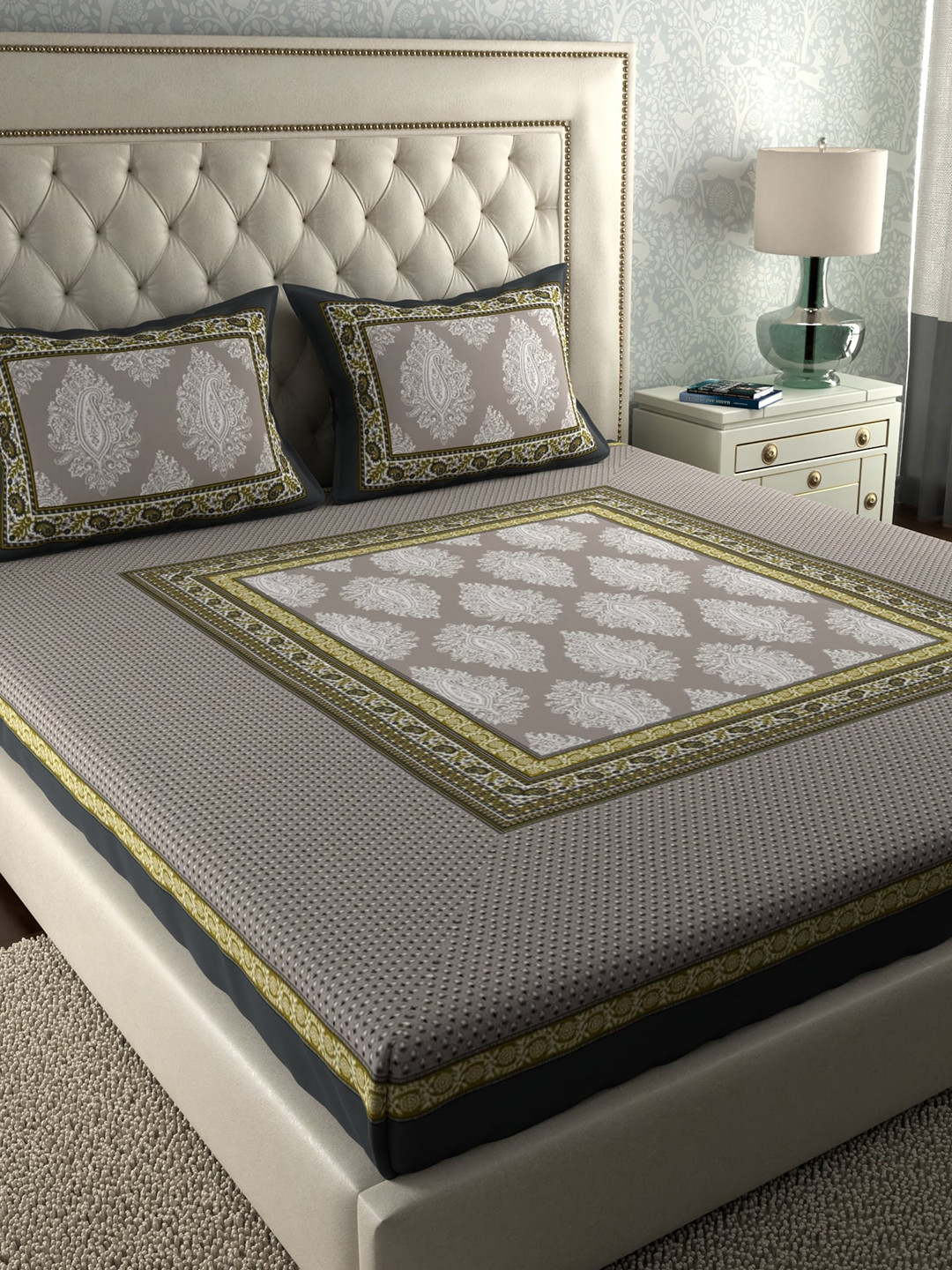 LA VERNE Rajsthani Urban Grey Ethnic Motifs Cotton 104 TC Queen Coarse Bedsheet with 2 Pillow Covers-87 x 94 inches