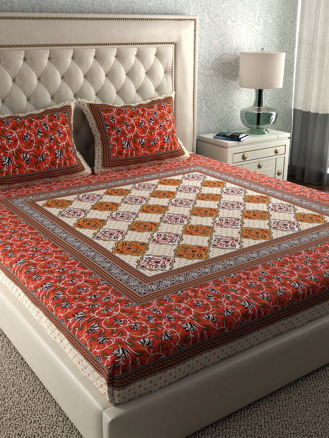 LA VERNE Red Ethnic Motifs Cotton 104 TC Queen Coarse Bedsheet with 2 Pillow Covers-94 x 87 inches