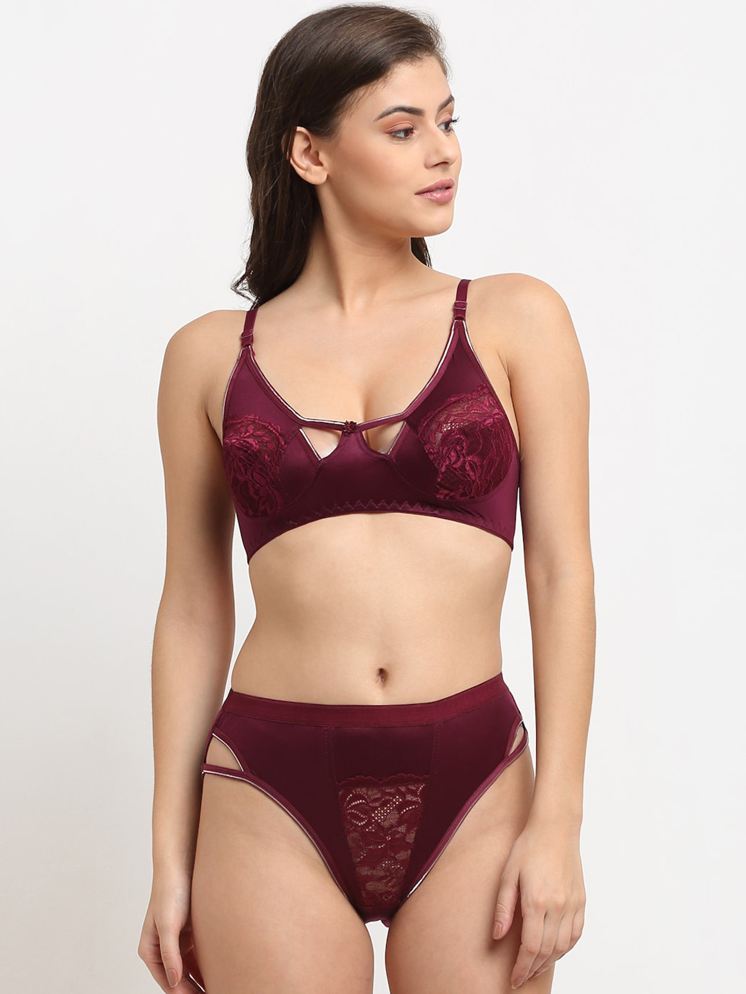 FriskersWomen Maroon Solid Lingerie Set OD-309-38-30